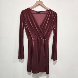 Express Womens SZ S Pink/Maroon Long Sleeve Soft Corduroy Valvet Wrap MiniDress.